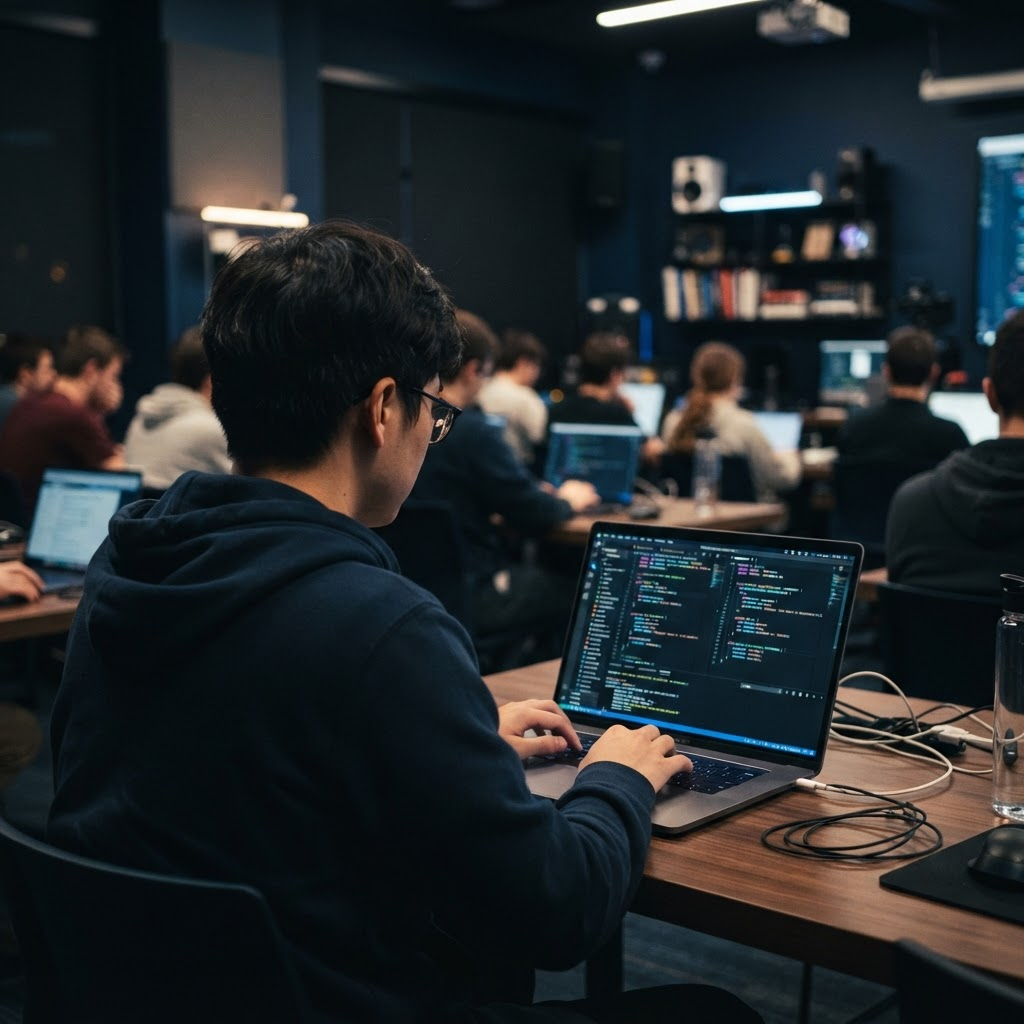 A student learning to code on a laptop in a modern tech classroom